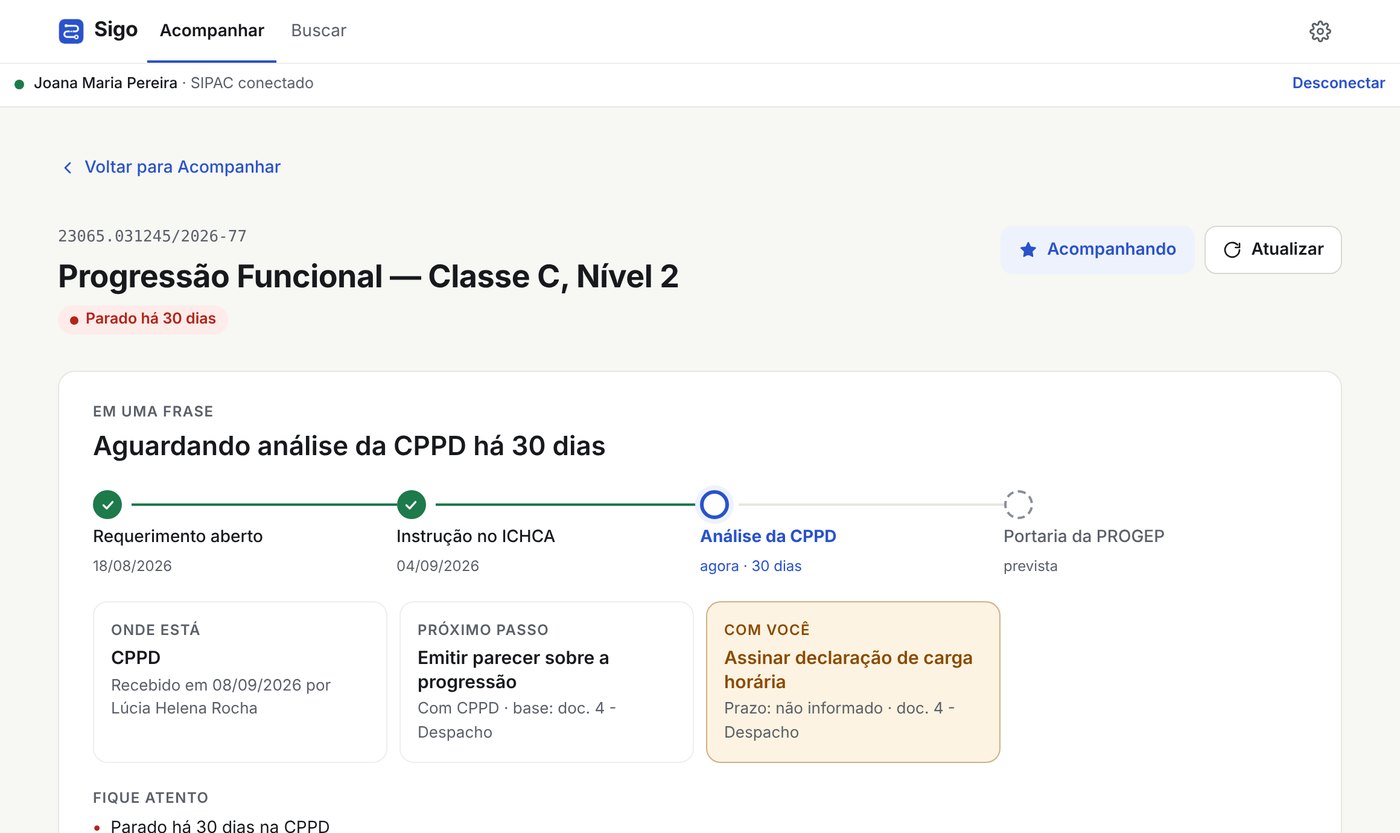 Resumo do processo com linha do tempo, próximo passo e pendência do interessado